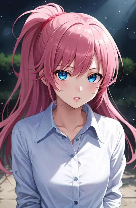 vector art with clean lines, well-put-together art, (1girl), blue_eyes, buttons, closed_mouth, collared_shirt, lips, looking_at_viewer, open_clothes, pink_hair, red_hair, shirt, solo, upper_body, white_shirt, wing_collar, high res, ((shining)), beautiful, cowboy shot, standing, (detailed anime face:1.2), dark shading, no mistakes in the artwork, the artwork is a masterpiece with no flaws, is the best and highest quality art in the anime style, the most beautiful anime style art ever seen, award winning anime that is visually stunning, the art has the best transition between two shapes of colors, depth, art that was drawn by a pro artist