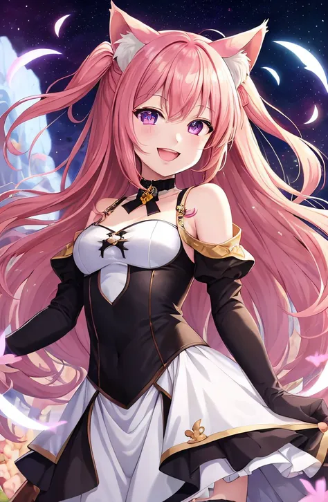 vector art with clean lines, well-put-together art, 1girl, :d, animal_ear_fluff, animal_ears, bangs, bare_shoulders, cat_ears, long_hair, looking_at_viewer, open_mouth, pink yellow hair, purple_eyes, smile, solo, no mistakes in the artwork, the artwork is a masterpiece with no flaws, is the best and highest quality art in the anime style, the most beautiful anime style art ever seen, award winning anime that is visually stunning, the art has the best transition between two shapes of colors, depth, art that was drawn by a pro artist