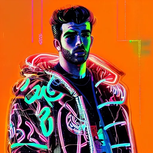 detailed portrait Neon Business (hasanpiker person:1.2), cyberpunk futuristic neon, reflective puffy coat, decorated with traditional Japanese ornaments by Ismail inceoglu dragan bibin hans thoma greg rutkowski Alexandros Pyromallis Nekro Rene Maritte Illustrated, Perfect face, fine details, realistic shaded, fine-face, pretty face
