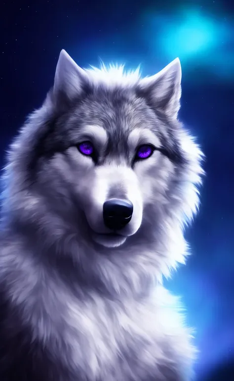 , mammal, solo, fur, anthro, purple eyes, digital media (artwork), looking at viewer, grey fur, detailed, whiskers, detailed fur, grey body, white fur, star, hi res, hair, wolf, white body