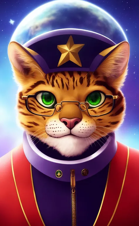, solo, mammal, green eyes, anthro, hi res, fur, space, portrait, whiskers, clothing, eyewear, headgear, star, topwear, bust portrait, felid, looking at viewer, digital media (artwork), clothed, disney, pupils, male, icon, detailed, glasses, headshot portrait