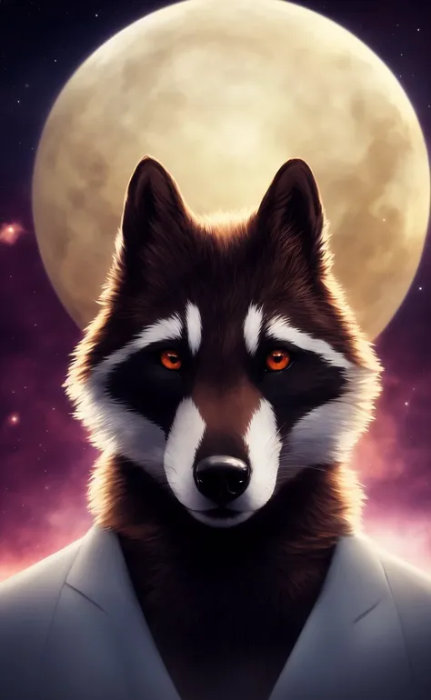 , mammal, solo, anthro, star, orange eyes, hi res, looking at viewer, fur, procyonid, sky, space, light, raccoon, fluffy, black nose, bust portrait, male, portrait, grey body, wolf, white body, detailed background, front view, looking down, text, starry sky, white fur, tuft, canid