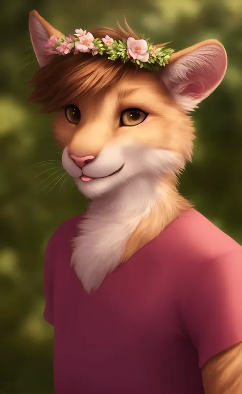 , anthro, mammal, flower, solo, plant, clothing, fur, whiskers, clothed, half-length portrait, felid, hi res, brown fur, garland, feline, tuft, smile, topwear, brown body, floral, looking at viewer, male, flower garland, ratte, flower crown, lagomorph, cheek tuft