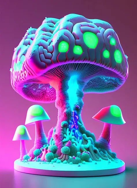 neon brain mountain 3d render realistic, glowing mycelium network, giant neon mushroom, neon crystals, octane render, diorama