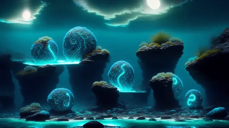 dreamlikeart bioluminescent ethereal water elementals nesting in a rock pool