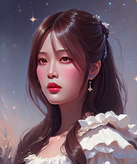 a ultradetailed beautiful portrait panting of a stylish woman (morabuay:1.2), long hair,wearing a frilled white dress, moonlit,starry sky with full moon on the background, oil painting, by ilya kuvshinov, greg rutkowski and makoto shinkai, trending on artstation