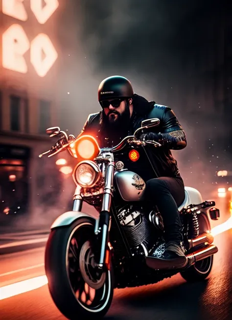 Cinematic portrait of a Full Tattoo biker member gang man riding shinny Harley Davidson, looking at viewer, POV, sharp detail, face detail, bokeh, blurry background, rtx on, particle effects flying around, specular lighting, hdr, octane, unreal, subsurface scattering, Film-like, (illustration:.4)