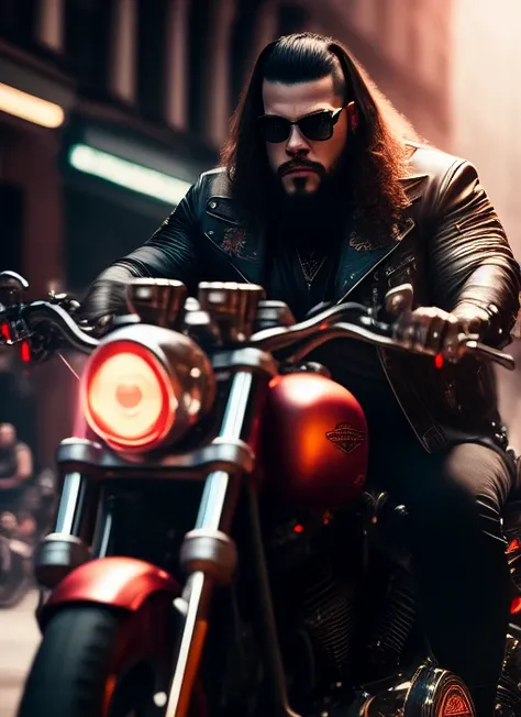 Cinematic portrait of a Full Tattoo biker member gang man riding shinny Harley Davidson, looking at viewer, POV, sharp detail, face detail, bokeh, blurry background, rtx on, particle effects flying around, specular lighting, hdr, octane, unreal, subsurface scattering, Film-like, (illustration:.4)