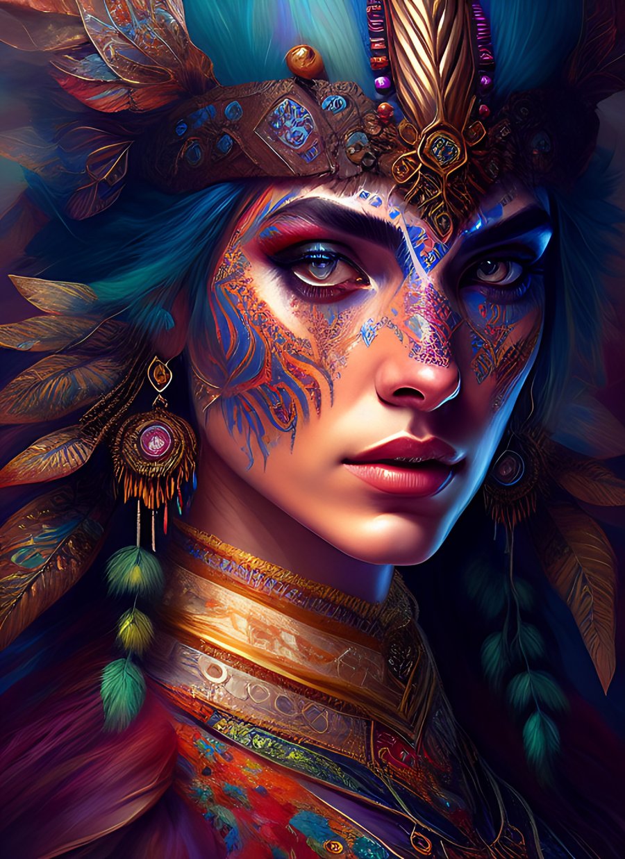 A woman with blue hair and feathers on her head - SeaArt AI