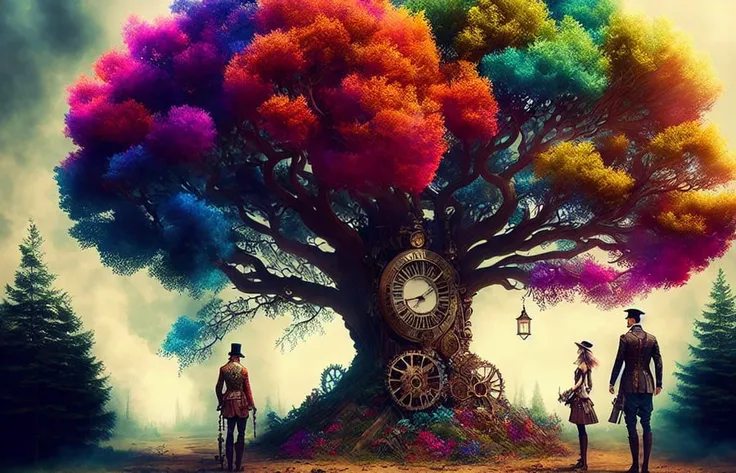 dreamlikeart tree of live, colorful smoke, insane details, steampunk details, intricate details, hyperdetailed,