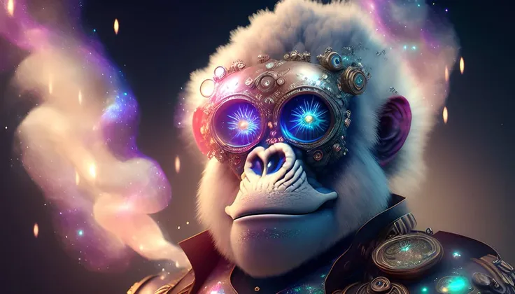 galaxies, spirals, space, nebulae, stars, smoke, iridescent, intricate detail, in the shape of a steampunk white gorilla, octane render, hyper realistic , octane render, 8k, uplight ,dreamlikeart