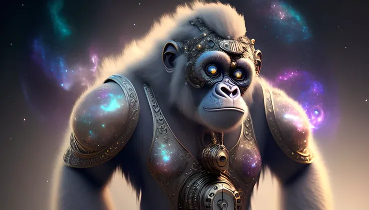 galaxies, spirals, space, nebulae, stars, smoke, iridescent, intricate detail, in the shape of a steampunk white gorilla, full body ,octane render, hyper realistic , octane render, 8k, uplight ,dreamlikeart