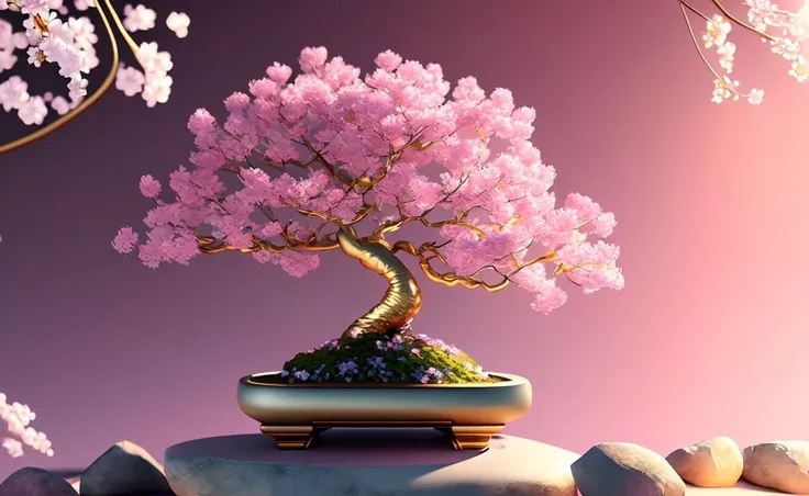 fantasy enchanted beautiful sakura, blooming, as bonsai tree, glowing pastel colors and gold, 8k, trending, highly detailed hyper realistic