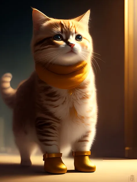 dreamlikeart a painting of a cute cat wearing tiny little boots, character portrait, golden ratio, cinematic lighting, wide shot, 8K, trending on artstation in the style of Greg Rutkowski