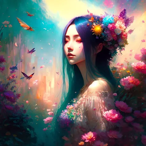 dreamlikeart, A beautiful woman in a drugged state, experiencing a wild, colorful fantasy world, dreamy, dream-like, fantastical, surreal, digital illustration, artstation, concept art, smooth, sharp focus, art by Yoshitomo Nara and Yoshitaka Amano