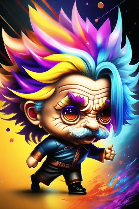 (dreamlikeart:1.3),splash art portrait colorful painting (chibi albert einstein:1.3), electrical aura, splashart, superhero , powerful attack