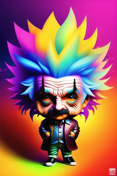 (dreamlikeart:1.3),splash art portrait colorful painting (chibi albert einstein:1.3), electrical aura, splashart, punk style, action figure, funkpopop, toy