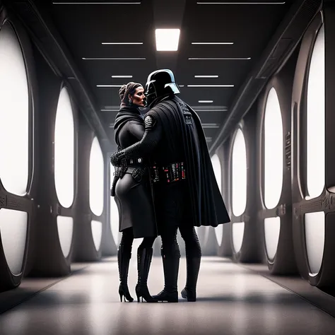 dreamlikeart, (extremely detailed CG Unity 8k wallpaper:1.1), sharp focus, Darth Vader and Princess Leia hugging, portrait, photography, in a futuristic corridor, blender render