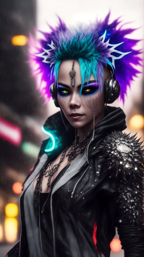 A highly detailed portrait of a solo 1girl standing on a street corner, during a rainstorm with lightning strikes and a cloudy sky, neon and cyberpunk background, she is wearing punk clothes with silver chains and silver spikes, she has a butterfly wing hairclip in her wild hair, she has headphones and a necktie on, petite, detailed glowing red eyes with distinct pupils, ominous aura Halo, smile, punk, cyberpunk, backlighting, chromatic aberration, depth of field, soft lighting, masterpiece, best quality, intricate, tone mapped, highly detailed, artstation, concept art, smooth, sharp focus, dramatic lighting, highly detailed artwork, cinematic, hyper realistic painting, trending on Artstation, 8K, incredible shadows, realistic, (highly detailed background:1.0)