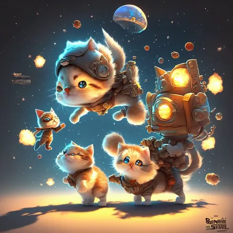 Pixar Style, 3d, Tiny cute and adorable cat superman, chibi, floating through space, jean - baptiste monge , anthropomorphic , dramatic lighting