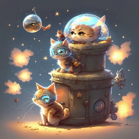 Pixar Style, 3d, Tiny cute and adorable cat superman, chibi, floating through space, jean - baptiste monge , anthropomorphic , dramatic lighting