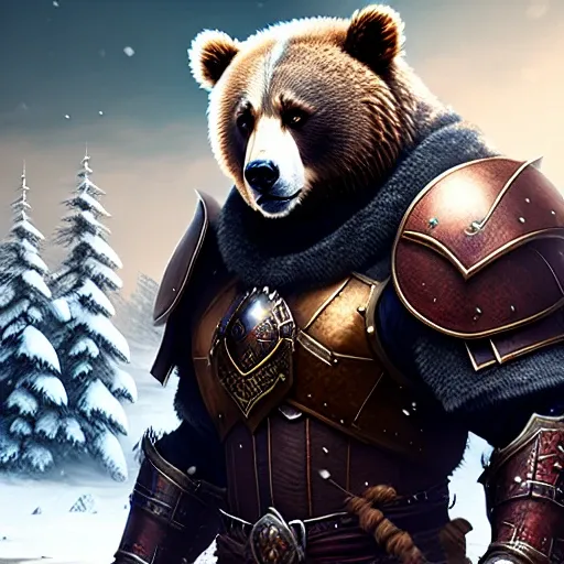 a bear warrior with iron armor, in snow, highly detailed, digital art, 4k, trending on art station,