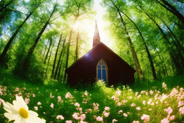 lomo style fisheye photograph of a church in the forest clearing meadow, flowers blooming