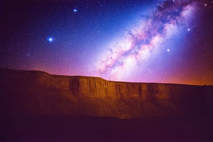 lomo style at night long exposure photograph of a mesa cliff, stars galaxy nebula