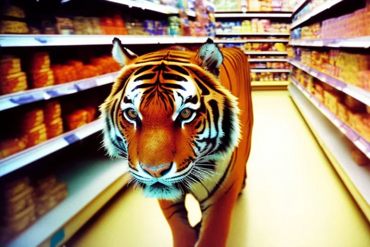 lomo style photograph at the grocery store a tiger walking down the aisle