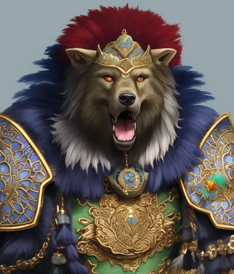 a n illustrated medium shot portrait of an anthropomorphic dire wolf in a colorful elaborate feathered costume with ornate details, anime style, CHV3CBigChief, warhammer 40k, octane, bling, Professional, masterpiece, commissioned, at a comic-con, artwork by wlop and loish