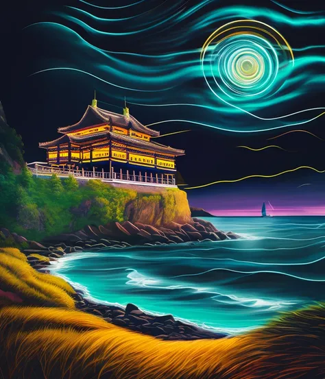 a colorful vector illustration of a neon temple with an elaborate Torana gateway in absolute darkness on a small island at night with colorful neon star trails, black shadows, clear sky with professional star trails, high antialiasing, night, cliffside, crashing waves, highlands, farm, crisp clean shapes, mountains, serene landscape, neon inkpunk color scheme, painting of a listing for a realty website, artwork by studio ghibli, spirited away