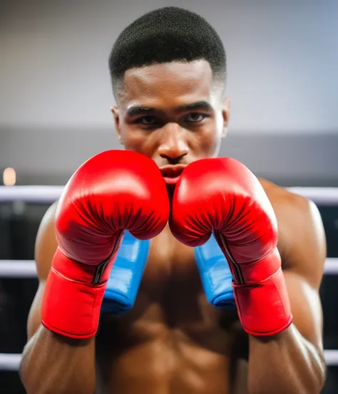 CHV3CKBoxer, a realistic detail of a close up of a man wearing vibrant boxing gloves is in a boxing ring, photograph by Esther Lin, posing for a fight, boxing stance, Professional, masterpiece, commissioned, attractive face, facial expression, professional anatomy