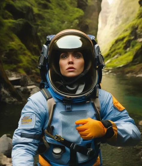 a professional Analog photo of a female space astronaut wearing an blue and white space suit exploring a river in a dark mossy canyon on another planet, helmet, medium shot portrait, gold tinted face shield, (dark atmosphere), haze, halation, bloom, dramatic atmosphere, sci-fi movie still