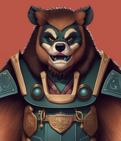 A medium profile shot of an anthropomorphic evil looking furry bear monster in heavy CHV3CKnight armor, hyper realistic, extremely detailed, 8k wallpaper, Professional, masterpiece, commissioned, flat shading, ink punk, thick pastel paint, thick pen lines, attractive face, facial expression, professional hands, professional anatomy