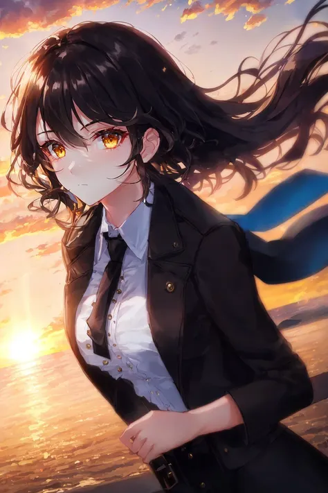 1girl, intricate detail, masterpiece, best quality, extremly detailed,cinematic lighting, beautiful detailed glow, finely detailed beautiful face and eyes, 8k, dark intense shadows, yellow eyes, medium hair, black hair, bangs, floating hair, black jacket, open jacket, white shirt, expressionless, yellow necktie, black skirt, spotlight, sunshine, sunrise, gradient sky, city, lens flare, cowboy shot, [[curvy]], [mature female]