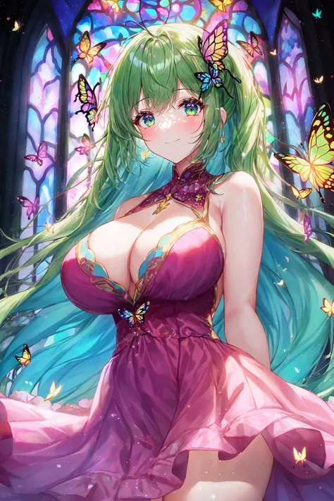 1girl, masterpiece, extremly detailed, (beautiful detailed glow), lens flare, multicolored hair, rainbow hair, long hair, multicolored dress, butterfly hair ornament, butterflies, (light particles), Arms behind back, large breasts, [curvy], cowboy shot, light smile, green eyes, church, stained glass, spotlight, dark background, floating hair, floating hair, looking at viewer,((colorful)),