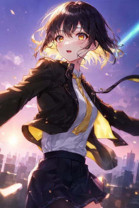 Beautiful detailed glow, 1 girl, masterpiece, best quality, extremly detailed,cinematic lighting, finely detailed beautiful face and eyes, 8k, dark intense shadows, yellow eyes, short hair, black hair, bangs, floating hair, black jacket, open jacket, white shirt, expressionless, yellow necktie, black skirt, fluttering jacket, spotlight, sunshine, sunrise, gradient sky, city, purple sky, lens flare, cowboy shot