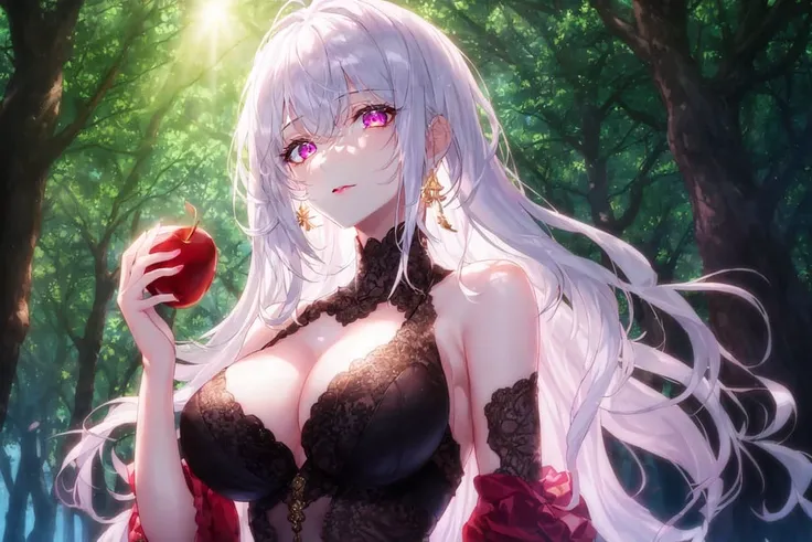 1girl, masterpiece, best quality, extremly detailed,cinematic lighting, finely detailed beautiful face and eyes, 8k, dark intense shadows, white hair, long hair, upper body, red eyes, pink lips, expressionless, (forest), large breasts, white dress, tree, spotlight, lens flare, (beautiful detailed glow), (holding apple), looking viewer, apple on hand, bright, bare shoulders