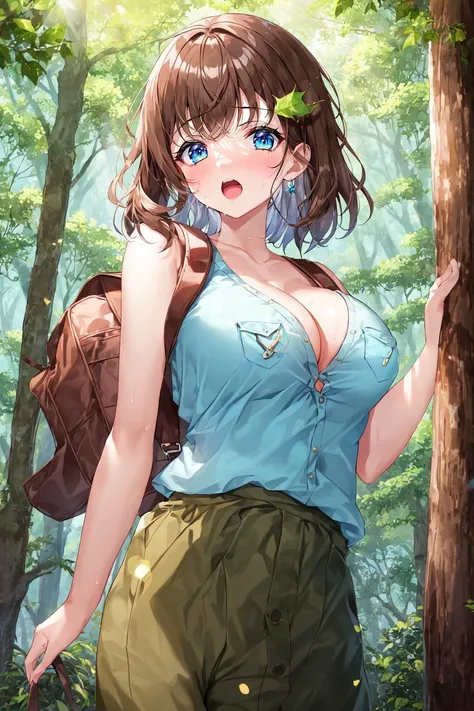 1girl, masterpiece, extremly detailed, (beautiful detailed glow), lens flare, forest, brown hair, floating hair, medium hair, bangs, green top, explorer, breast pocket, bare arms, blue eyes, open mouth, sweat, brown pants, short pants, thighs, sunshine, green leaf, tree, black backpack, [curvy], cleavage, denim jacket, cowboy shot