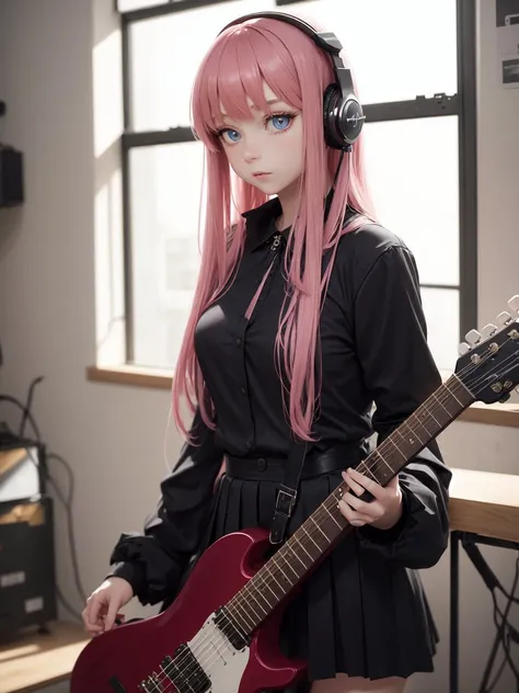 ((masterpiece,best quality))1girl, solo, black skirt, blue eyes, electric guitar, guitar, headphones, holding, holding plectrum, instrument, long hair, , music, one side up, pink hair, playing guiter, pleated skirt, black shirt, indoors