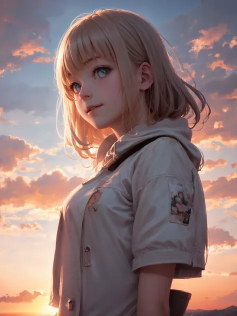 realistic, movie still, cloud girl, floating in the sky, (close-up:1.1), bright, happy, fun, warm soft lighting, sunset