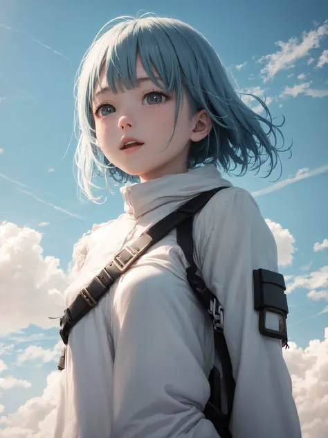 movie still, cloud girl, floating in the sky, (close-up:1.1), bright, happy, fun, soft lighting
