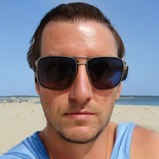 a man with brown hair wearing sunglasses on a beach