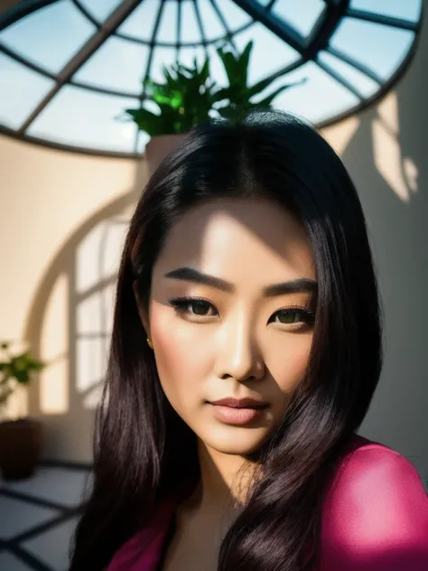 woman model photoshoot, asian, or black or arabe Architectural house with, golden light, hyperrealistic surrealism, award winning masterpiece with incredible details, epic stunning pink surrounding and round corners, big windows, art space , green house walls and celling, perfect eyes, sharp focus,high definition, insanely detailed, intricate, elegan, 4k ultra detailed, cinematic sensual, Masterpiece, colors, hyperrealistic, Vivid colors, Intricate, High Detail, Sharp focus, photorealistic, symmetry, volumetric lighting, beautiful, rich deep colors masterpiece