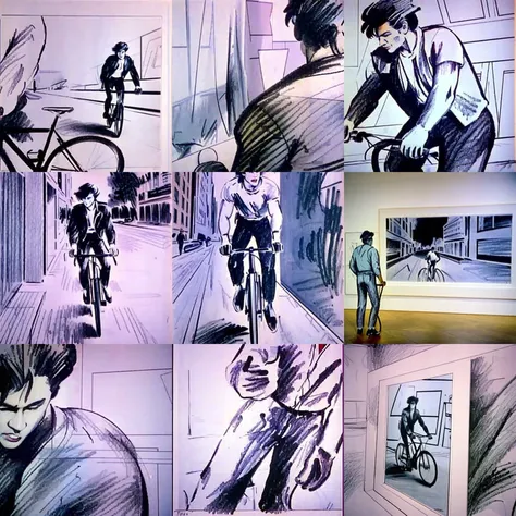 takeON_v2, drawing of a man riding a bike in the street of New York, details