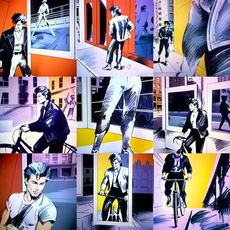 takeON_v2, color illustration of a man riding a bike in the street of New York, details
