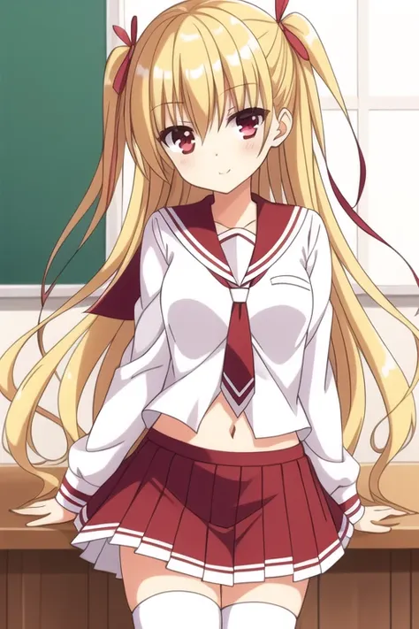 masterpiece, best quality,1girl,solo,<lora:rikko:0.5>,mine riko,hidan no aria,collarbone ,red eyes,long hair,blonde hair,hair ribbon,school uniform,sailor collar ,white shirt ,midriff,miniskirt,red skirt ,pleated skirt ,necktie ,white thighhighs