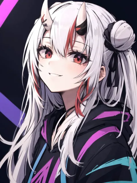 detailed background, masterpiece, best quality, smile, nakiri ayame, streaked hair, oni horns, white hair, twin buns, red eyes, smile, hoodie, portrait, neon, graffiti, dark, night, glowing eyes, blacklight