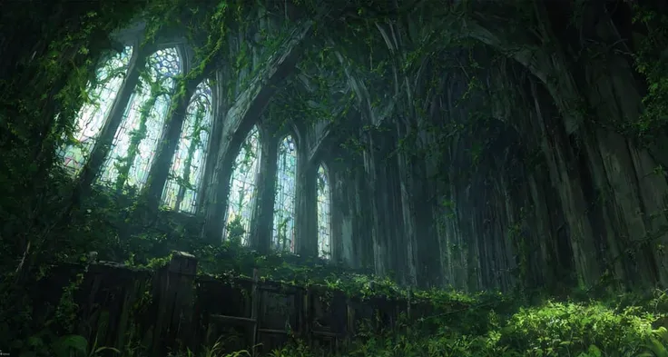 detailed background, masterpiece, best quality, hakui koyori, pink hair, :), church, overgrown, vines, outdoors, moss, algae, dystopian, stained glass, (dark:1.0), (night:1.0)