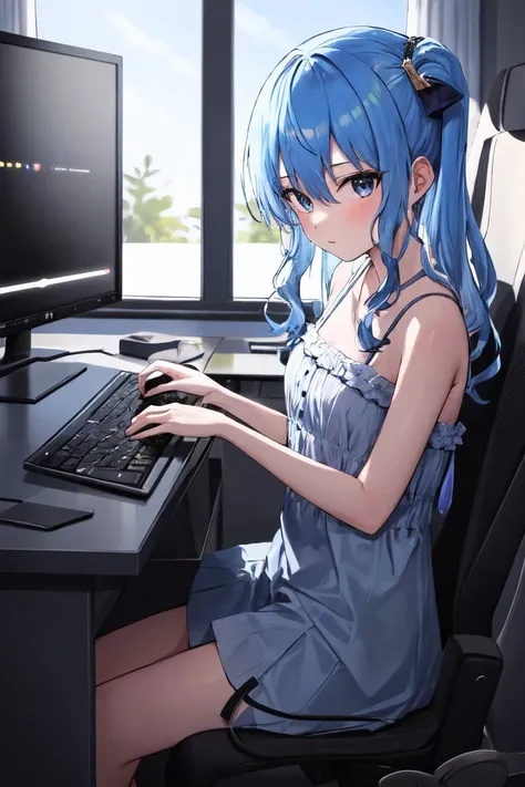 detailed background, masterpiece, best quality, 1girl, hoshimachi suisei, blue hair, blue eyes, small breasts, star in eye, hair between eyes, room full of computers and laptops, computer, laptops, electronic, keyboard, mice, mouse, indoors